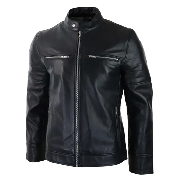 Mens Black Real Leather Jacket Short Zipped Biker Style Classic Vintage Retro - Image 3