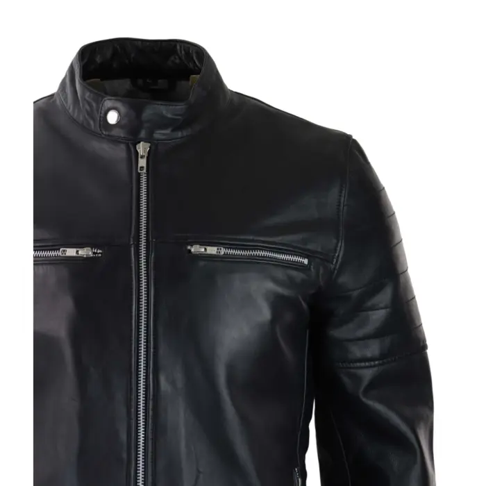Mens Black Real Leather Jacket Short Zipped Biker Style Classic Vintage Retro - Image 4