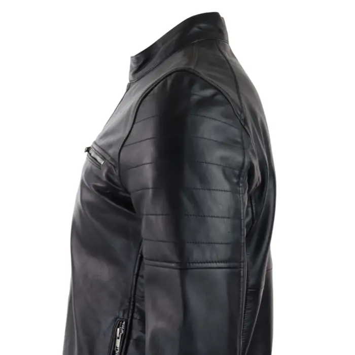 Mens Black Real Leather Jacket Short Zipped Biker Style Classic Vintage Retro - Image 5
