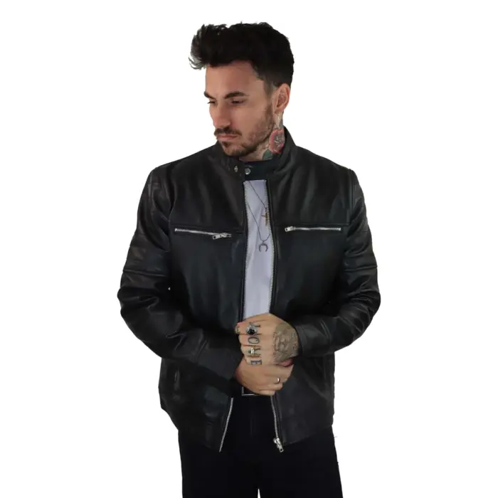 Mens Black Real Leather Jacket Short Zipped Biker Style Classic Vintage Retro - Image 2