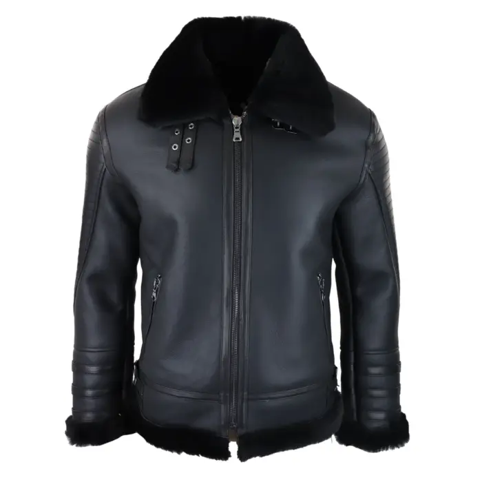 Mens Black Real Sheepskin Flying Jacket Zipped WW2 Pilot Black Winter Warm Coat - Image 1
