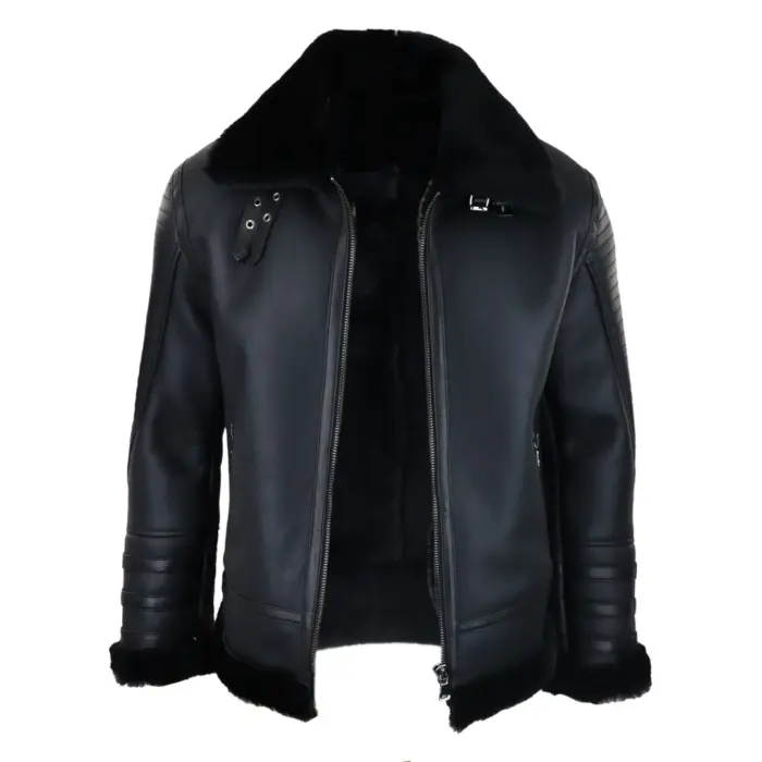 Mens Black Real Sheepskin Flying Jacket Zipped WW2 Pilot Black Winter Warm Coat - Image 3