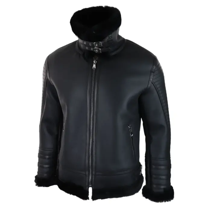 Mens Black Real Sheepskin Flying Jacket Zipped WW2 Pilot Black Winter Warm Coat - Image 4