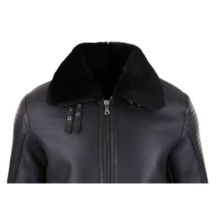 Mens Black Real Sheepskin Flying Jacket Zipped WW2 Pilot Black Winter Warm Coat - Image 5