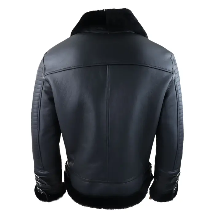 Mens Black Real Sheepskin Flying Jacket Zipped WW2 Pilot Black Winter Warm Coat - Image 7
