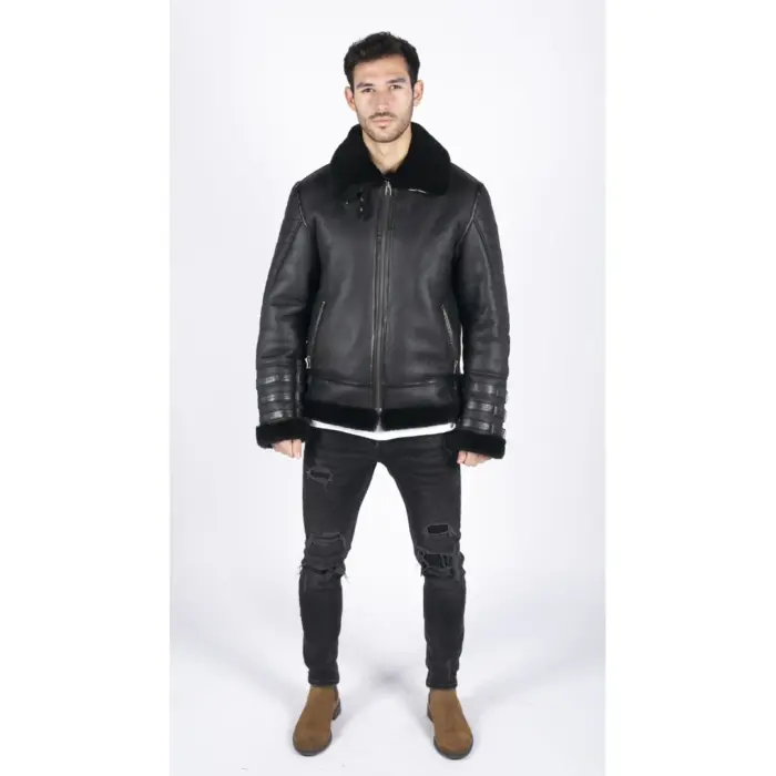Mens Black Real Sheepskin Flying Jacket Zipped WW2 Pilot Black Winter Warm Coat - Image 2