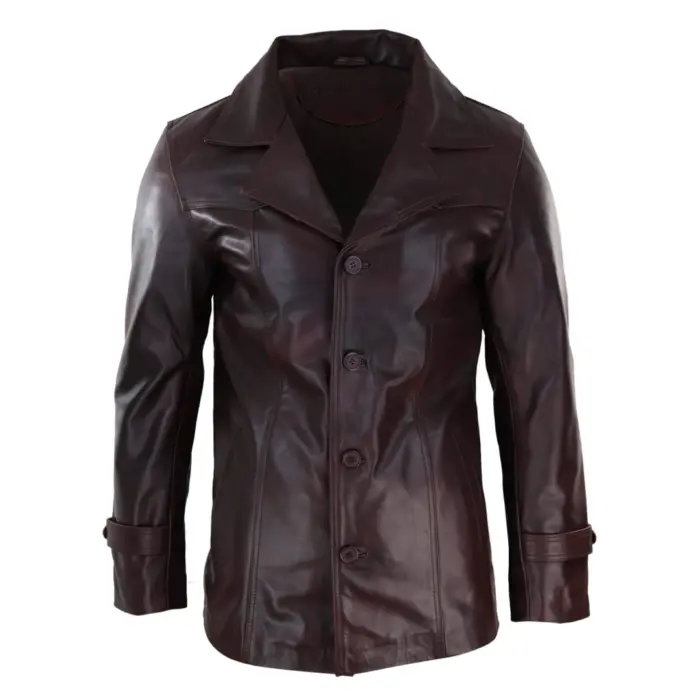 Mens Real Leather Coat Jacket Classic Wine Black Fit Smart Casual - Image 1
