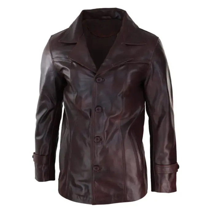 Mens Real Leather Coat Jacket Classic Wine Black Fit Smart Casual - Image 2
