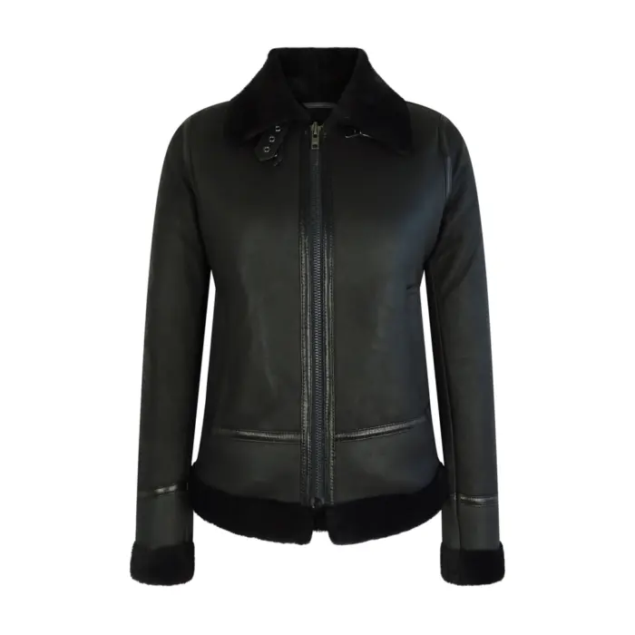 Womens Classic Black Real Sheepskin Zip Flying Jacket B3 Pilot Coat Tailored Fit - Image 1