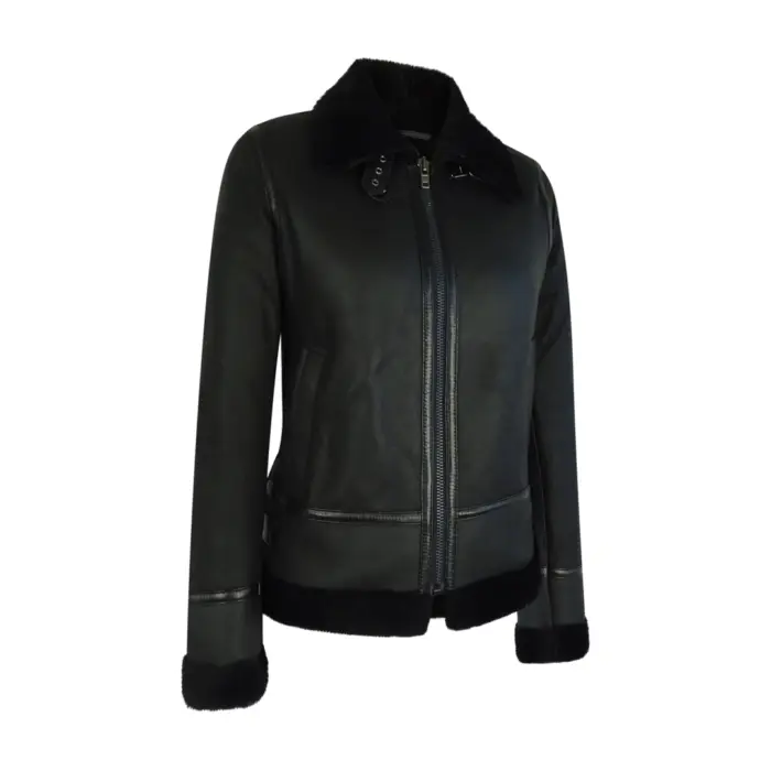 Womens Classic Black Real Sheepskin Zip Flying Jacket B3 Pilot Coat Tailored Fit - Image 2