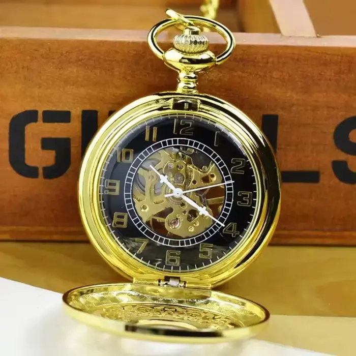 Mechanical Skeleton Half Hunter Antique Brass Pocket Watch - Image 10