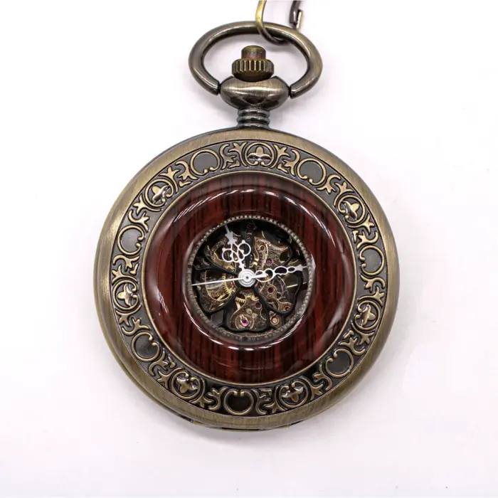 Mechanical Skeleton Half Hunter Vintage Wooden Pocket Watch - Image 1