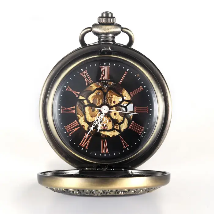 Mechanical Skeleton Half Hunter Vintage Wooden Pocket Watch - Image 2