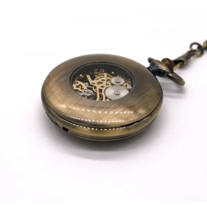 Mechanical Skeleton Half Hunter Vintage Wooden Pocket Watch - Image 4