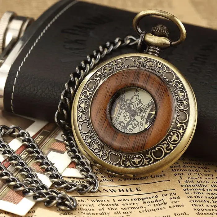 Mechanical Skeleton Half Hunter Vintage Wooden Pocket Watch - Image 5