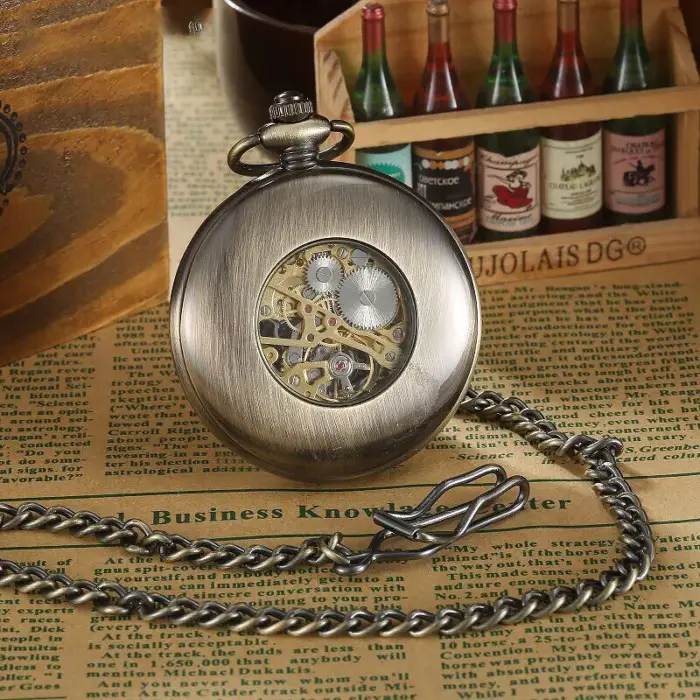 Mechanical Skeleton Half Hunter Vintage Wooden Pocket Watch - Image 6