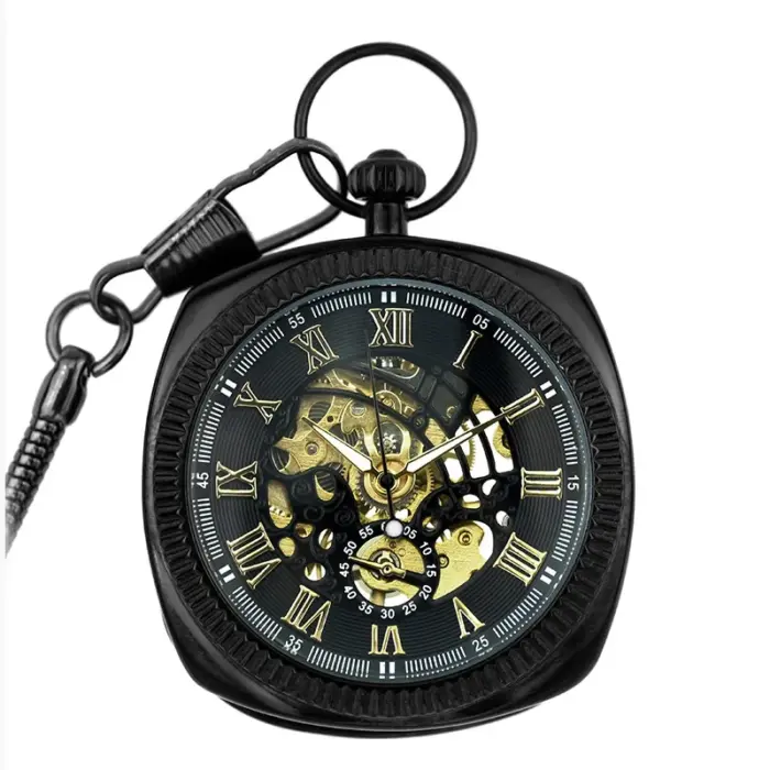Mechanical Skeleton Open Face Square Pocket Watch - Image 7