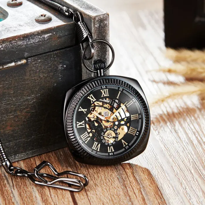 Mechanical Skeleton Open Face Square Pocket Watch - Image 11