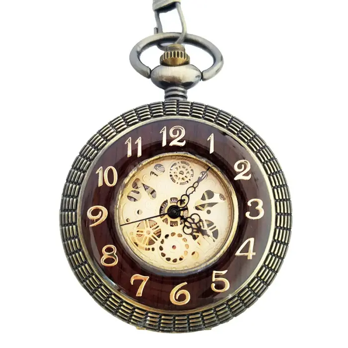 Mechanical Skeleton Wooden Half Hunter Pocket Watch - Image 1