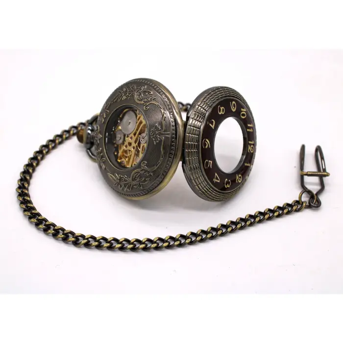 Mechanical Skeleton Wooden Half Hunter Pocket Watch - Image 2