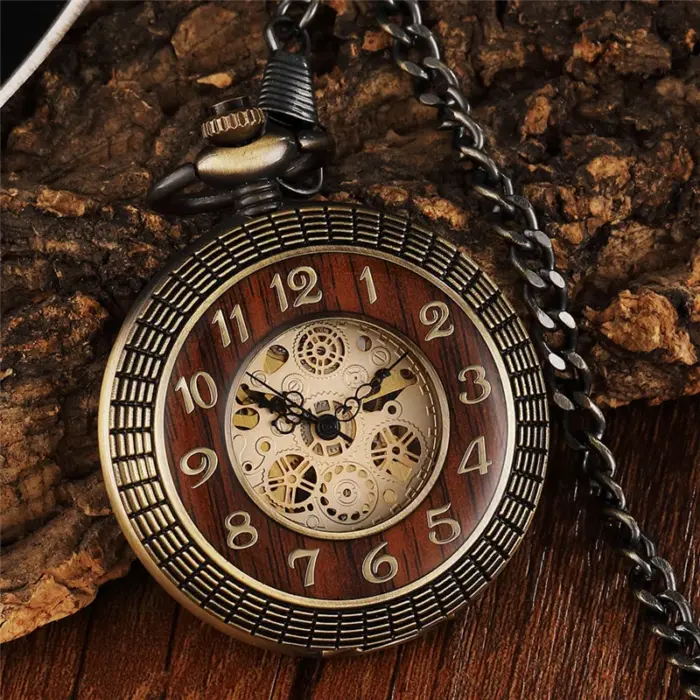 Mechanical Skeleton Wooden Half Hunter Pocket Watch - Image 4