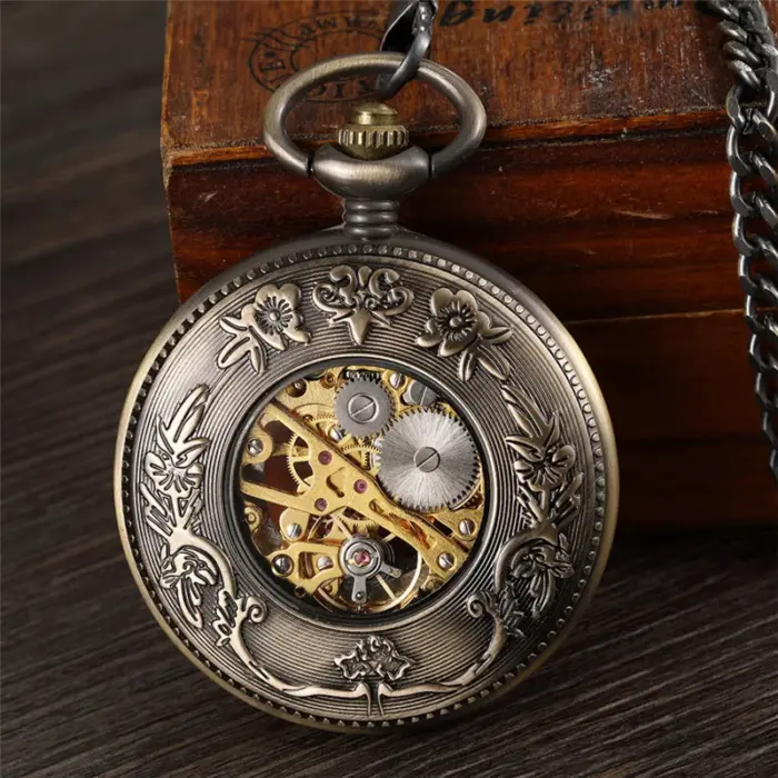 Mechanical Skeleton Wooden Half Hunter Pocket Watch - Image 6