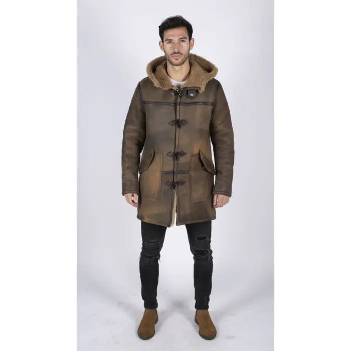 Mens Duffle 3/4 Coat Real Sheepskin Leather Jacket Toggle Classic Retro Brown - Image 1