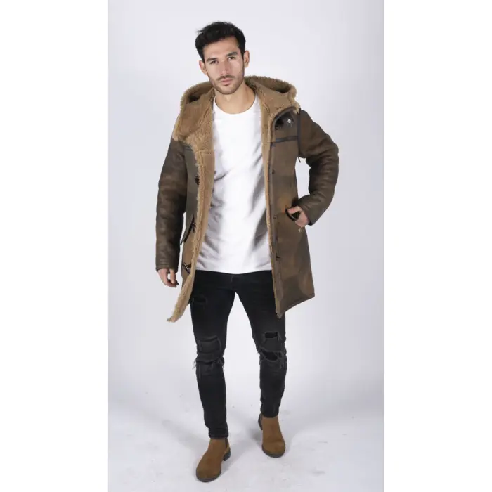 Mens Duffle 3/4 Coat Real Sheepskin Leather Jacket Toggle Classic Retro Brown - Image 5