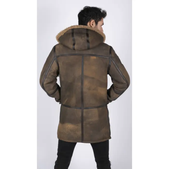 Mens Duffle 3/4 Coat Real Sheepskin Leather Jacket Toggle Classic Retro Brown - Image 3