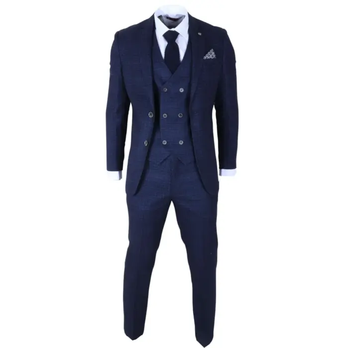 Luis - Men's Blue Plaid Check Slim Fit 3 Piece Suit - Image 3