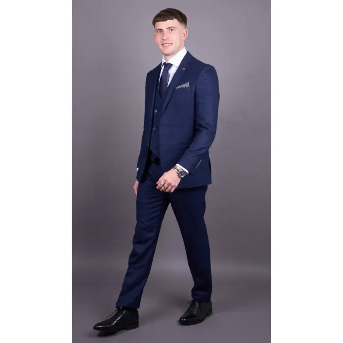 Luis - Men's Blue Plaid Check Slim Fit 3 Piece Suit - Image 2
