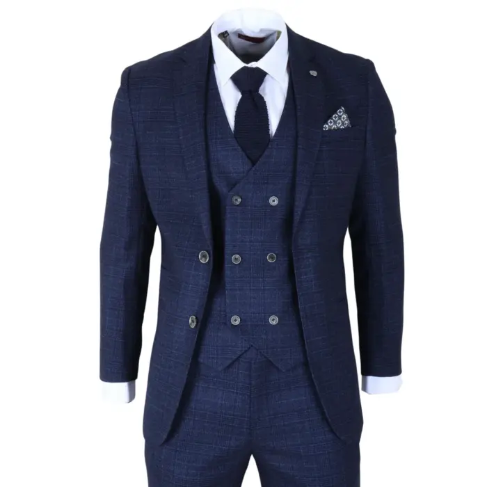 Luis - Men's Blue Plaid Check Slim Fit 3 Piece Suit - Image 1