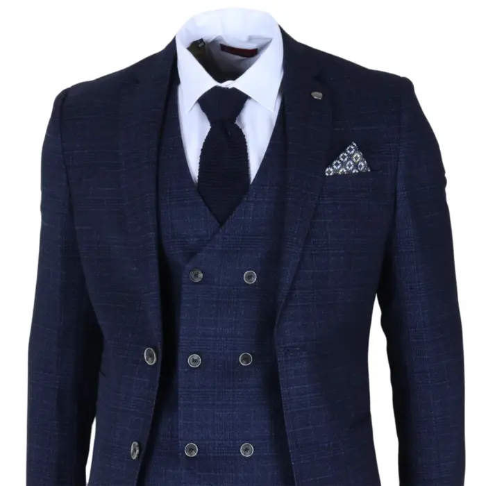 Luis - Men's Blue Plaid Check Slim Fit 3 Piece Suit - Image 4