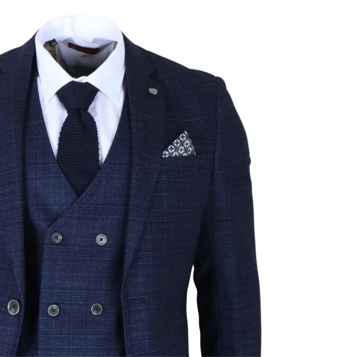 Luis - Men's Blue Plaid Check Slim Fit 3 Piece Suit - Image 5