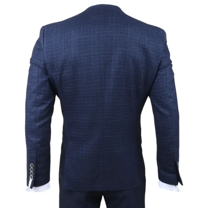 Luis - Men's Blue Plaid Check Slim Fit 3 Piece Suit - Image 6