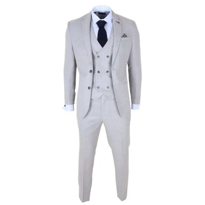 Luis - Men's Cream Plaid Check Slim Fit 3 Piece Suit - Image 3