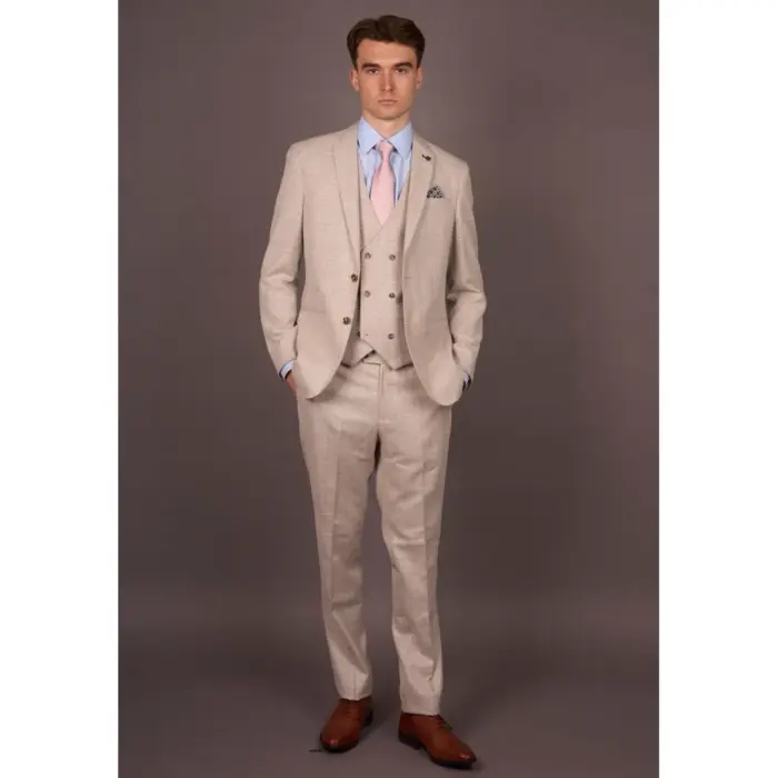 Luis - Men's Cream Plaid Check Slim Fit 3 Piece Suit - Image 2