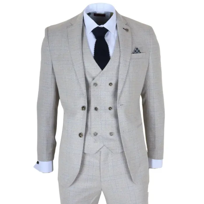 Luis - Men's Cream Plaid Check Slim Fit 3 Piece Suit - Image 1