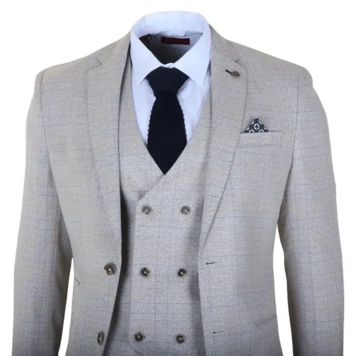 Luis - Men's Cream Plaid Check Slim Fit 3 Piece Suit - Image 4