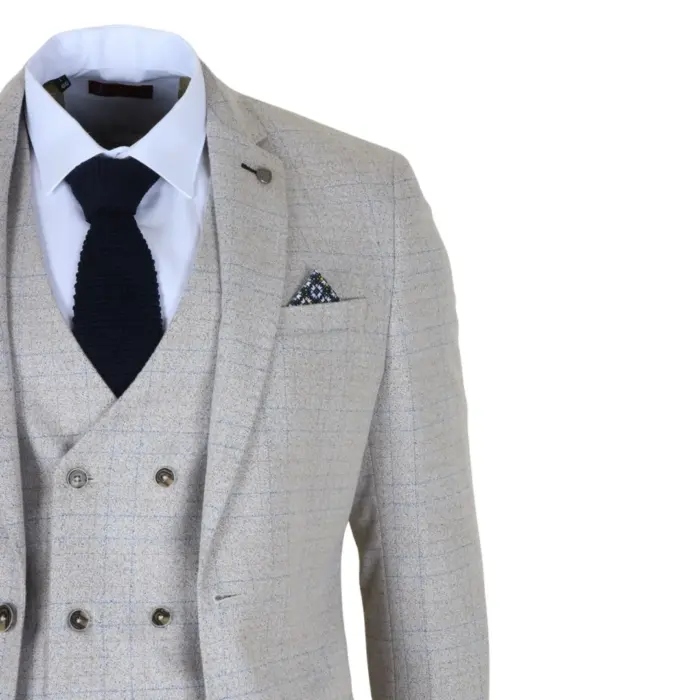 Luis - Men's Cream Plaid Check Slim Fit 3 Piece Suit - Image 5