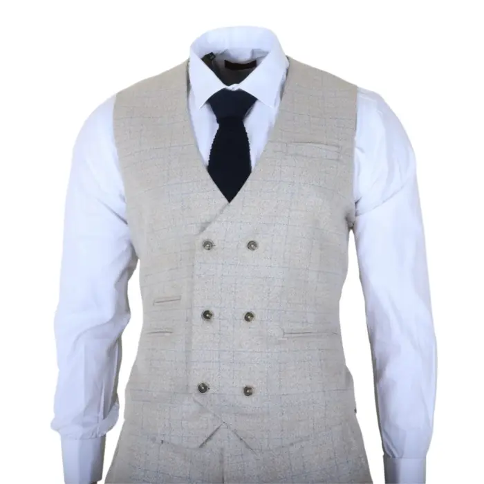 Luis - Men's Cream Plaid Check Slim Fit 3 Piece Suit - Image 6
