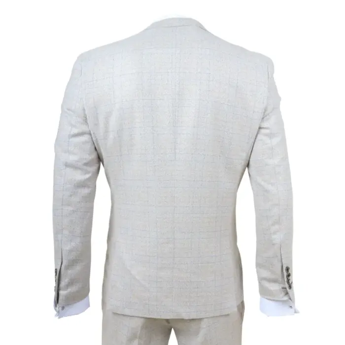 Luis - Men's Cream Plaid Check Slim Fit 3 Piece Suit - Image 7