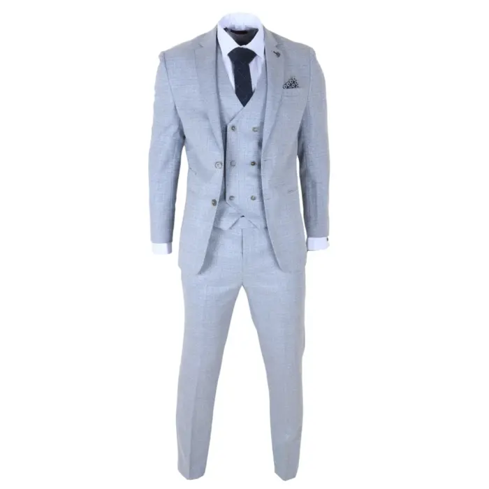 Luis - Men's Light Blue Plaid Check Slim Fit 3 Piece Suit - Image 3