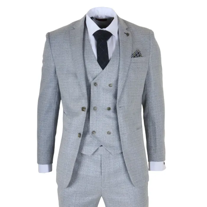 Luis - Men's Light Blue Plaid Check Slim Fit 3 Piece Suit - Image 1