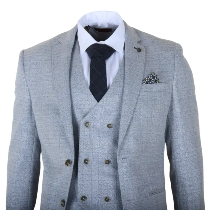 Luis - Men's Light Blue Plaid Check Slim Fit 3 Piece Suit - Image 4