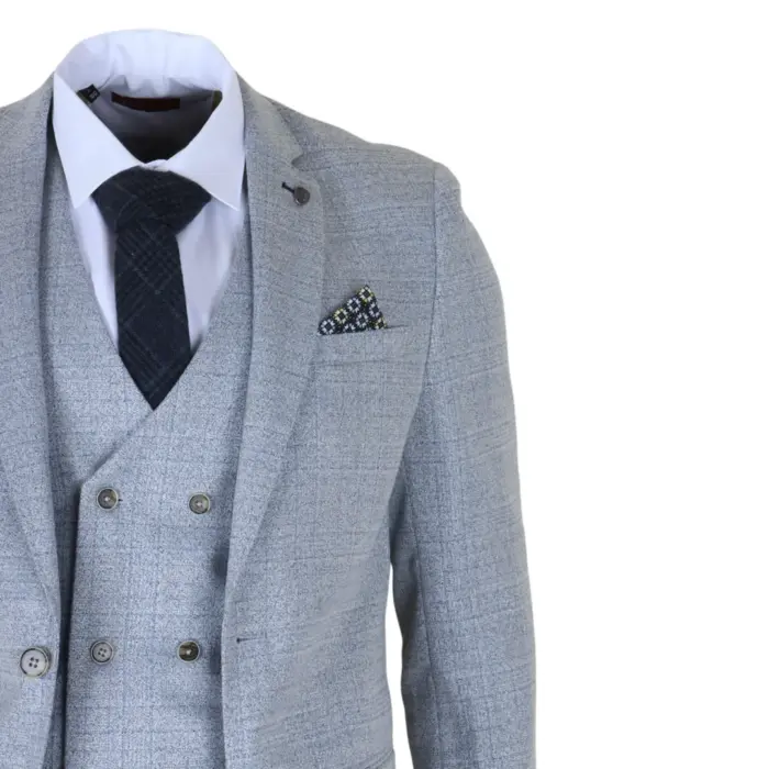 Luis - Men's Light Blue Plaid Check Slim Fit 3 Piece Suit - Image 5