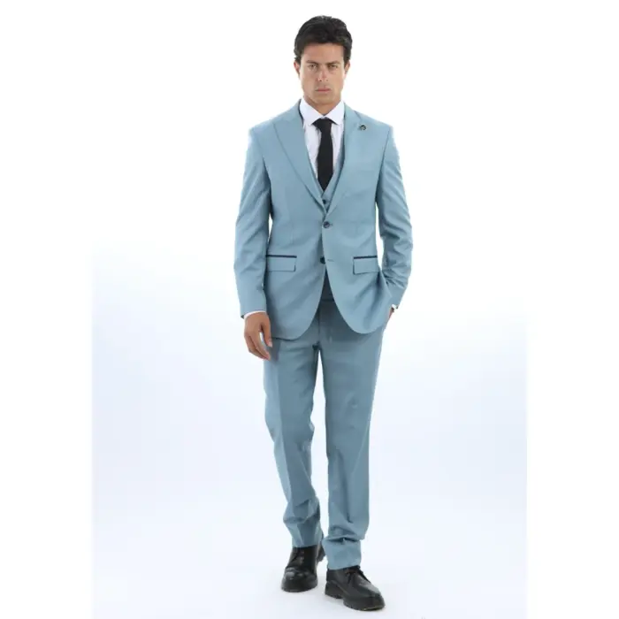 IM32 - Men's Plain Turquoise Blue 3 Piece Suit - Image 2