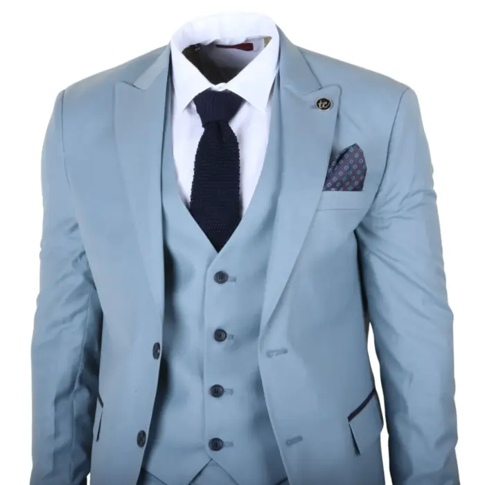 IM32 - Men's Plain Turquoise Blue 3 Piece Suit - Image 4