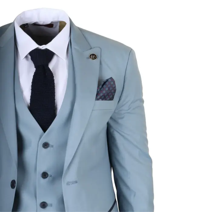 IM32 - Men's Plain Turquoise Blue 3 Piece Suit - Image 5
