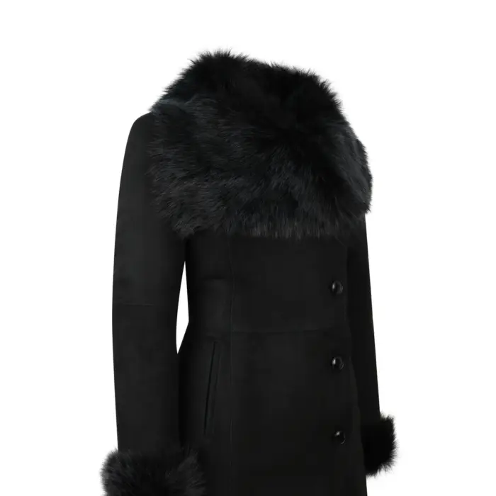 Ladies Real Sheepskin Jacket Suede Button Slim Fit 3/4 Long Trench Coat Designer - Image 5